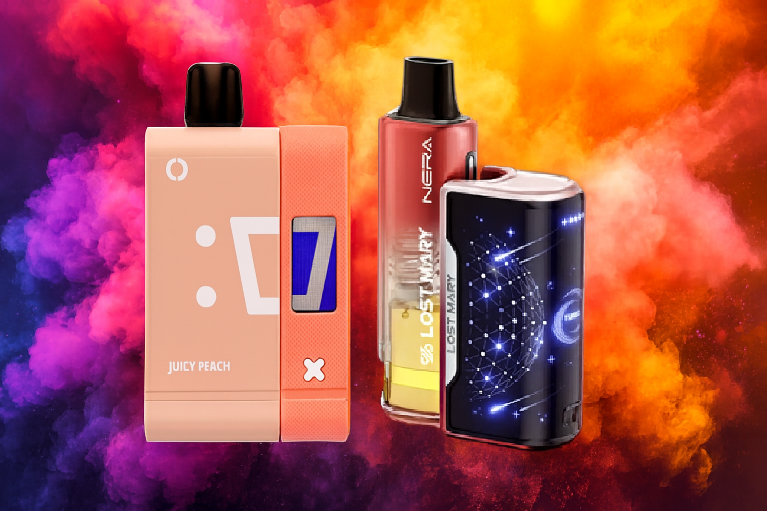 The photo shows three vape devices displayed against a vivid, colorful background of swirling smoke in pink, purple, orange, and yellow. On the left is a peach-colored device with a minimalist design labeled “JUICY PEACH,” in the center is a transparent red device branded “NERA” and “LOST MARY,” and on the right is a darker, futuristic-looking device with glowing network patterns, also marked “LOST MARY.”