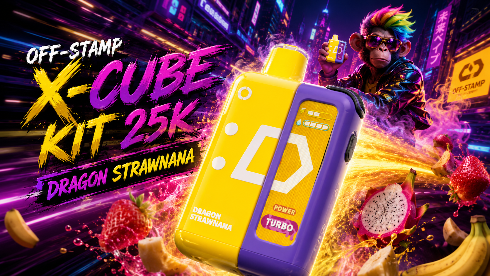 OFF-STAMP X-CUBE Kit 25K in yellow and purple with Dragon Strawnana flavor, shown with fruit accents and neon design