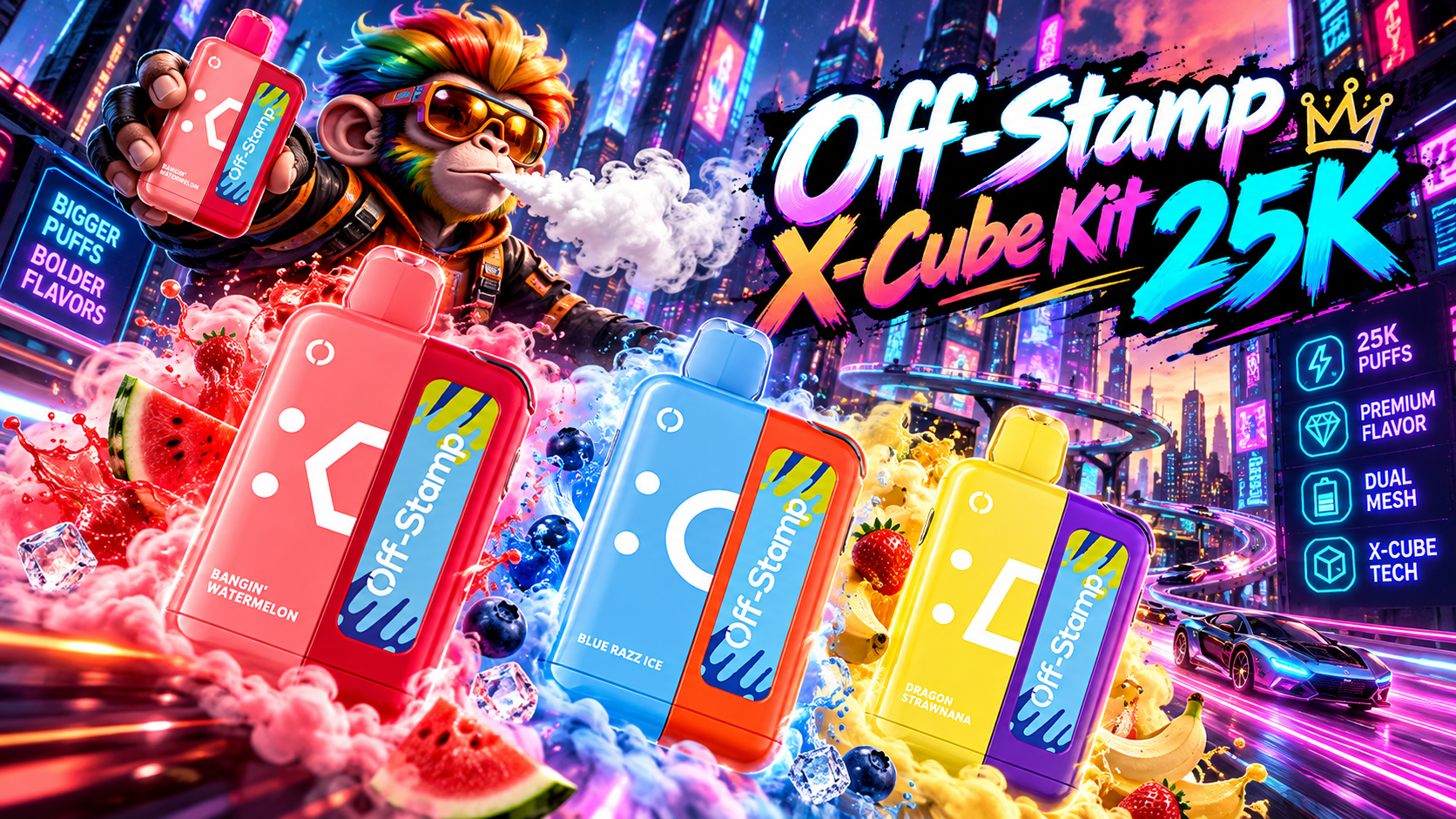 Off Stamp X-Cube Kit 25K devices in vibrant colors with flavor-themed accents and a futuristic neon design