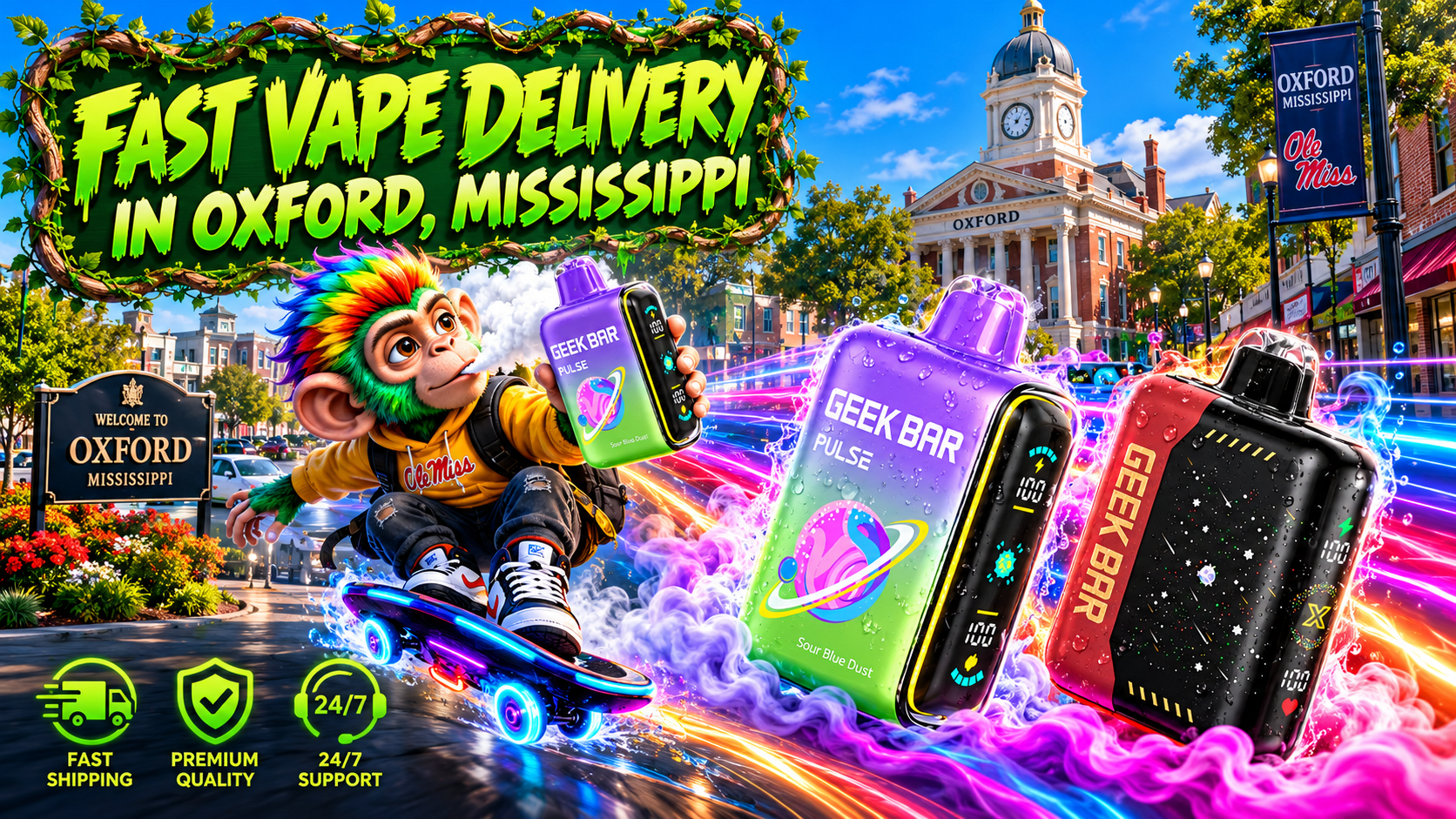 Purple and red vape devices surrounded by glowing neon waves and colorful mist near Oxford's historic clock tower.