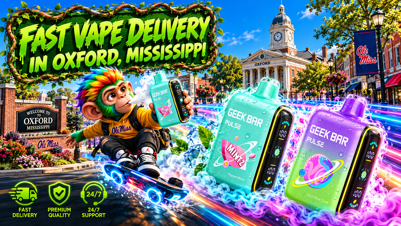 Mint green and violet vape devices with water droplets, glowing blue wheels, and colorful energy trails in Oxford, MS.