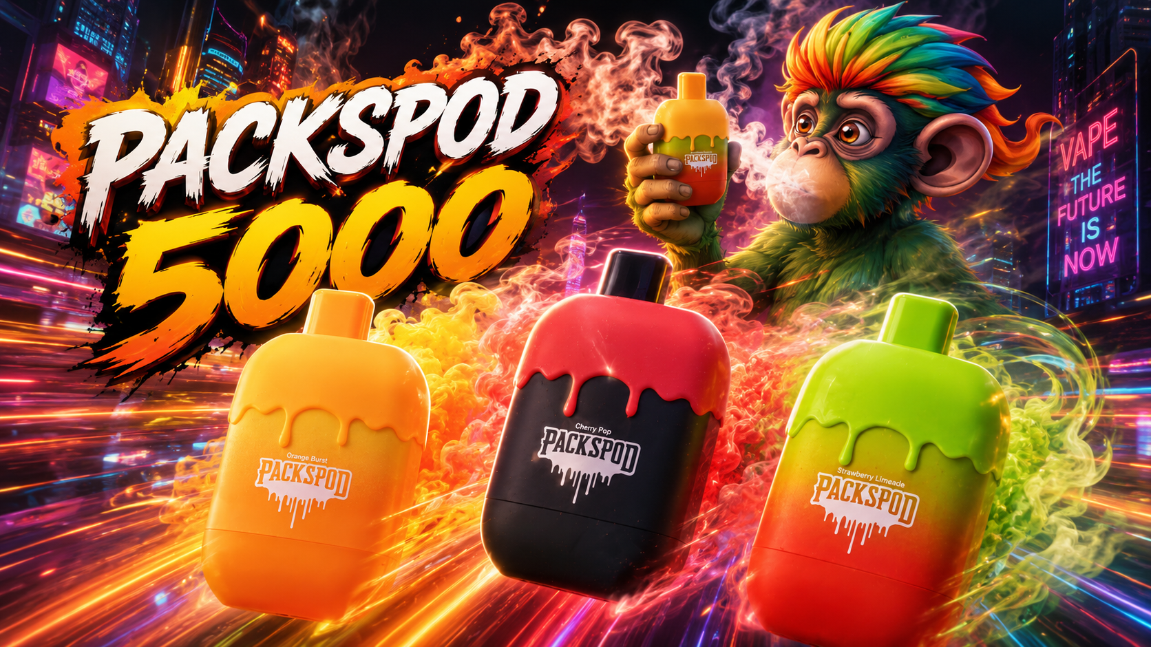 PACKSPOD 5000 vapes in bright neon colors with flavors Orange Burst, Cherry Pop, and Strawberry Limeade