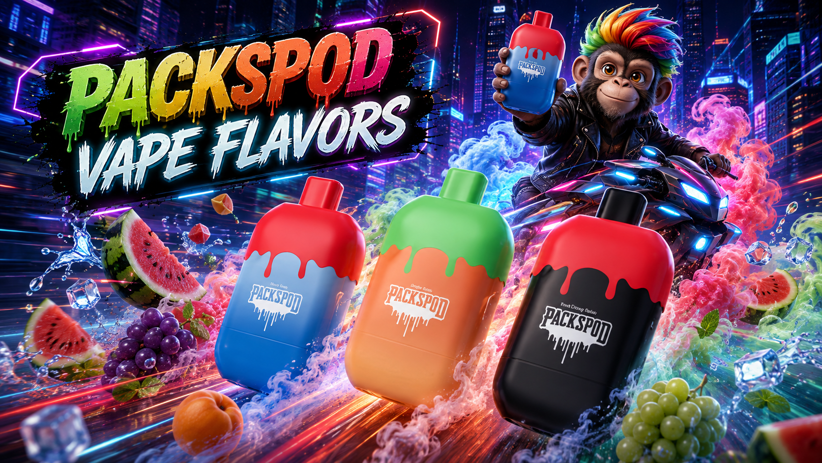 Colorful PACKSPOD vape devices with fruit and ice accents in a neon city backdrop