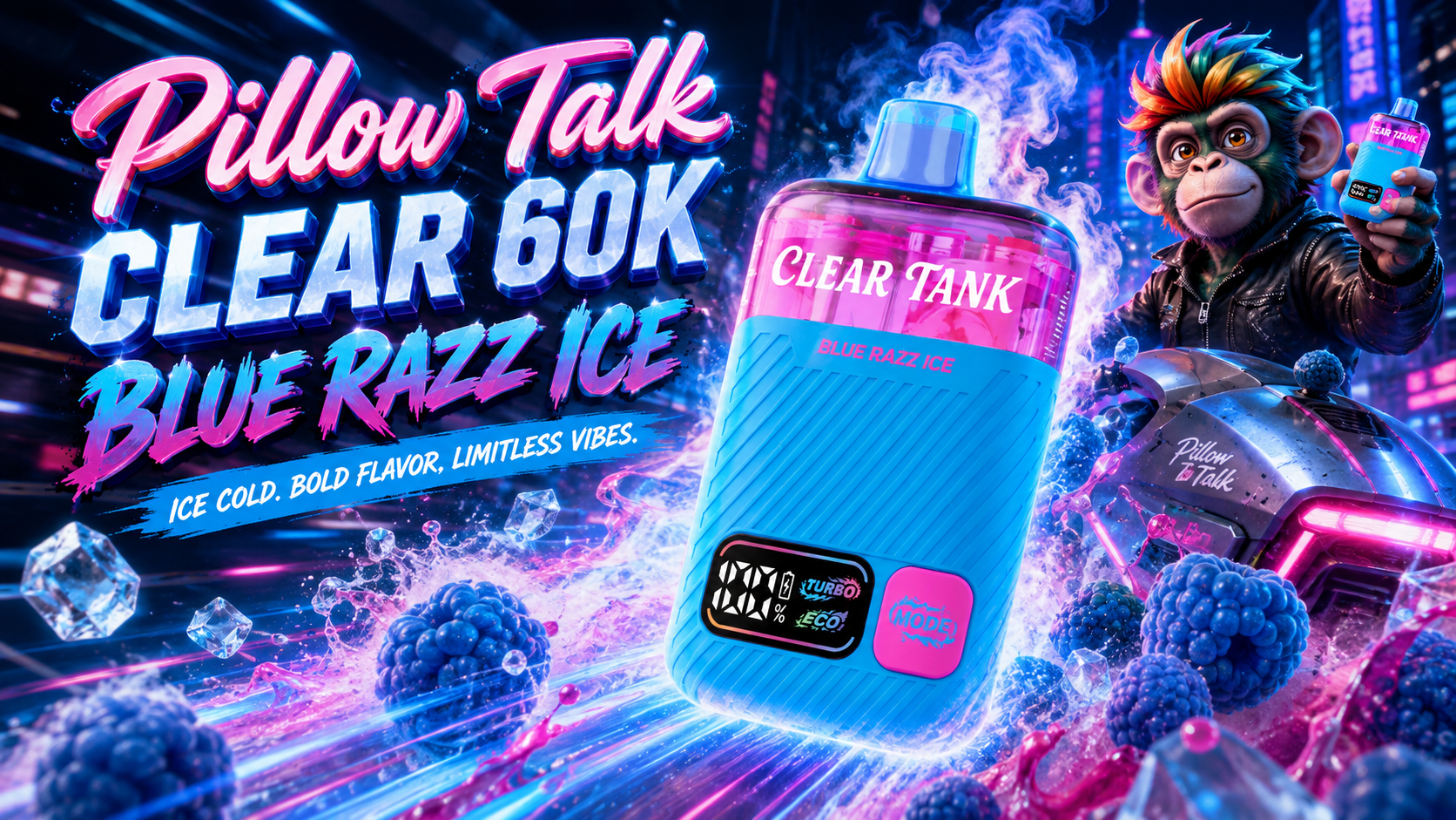 Blue Razz Ice vape device with digital display and textured grip in neon city backdrop