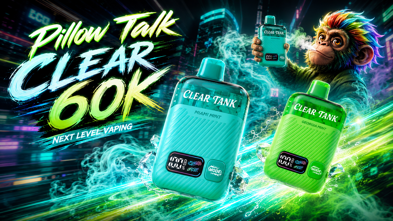 Green and turquoise vape devices with mint accents and digital display