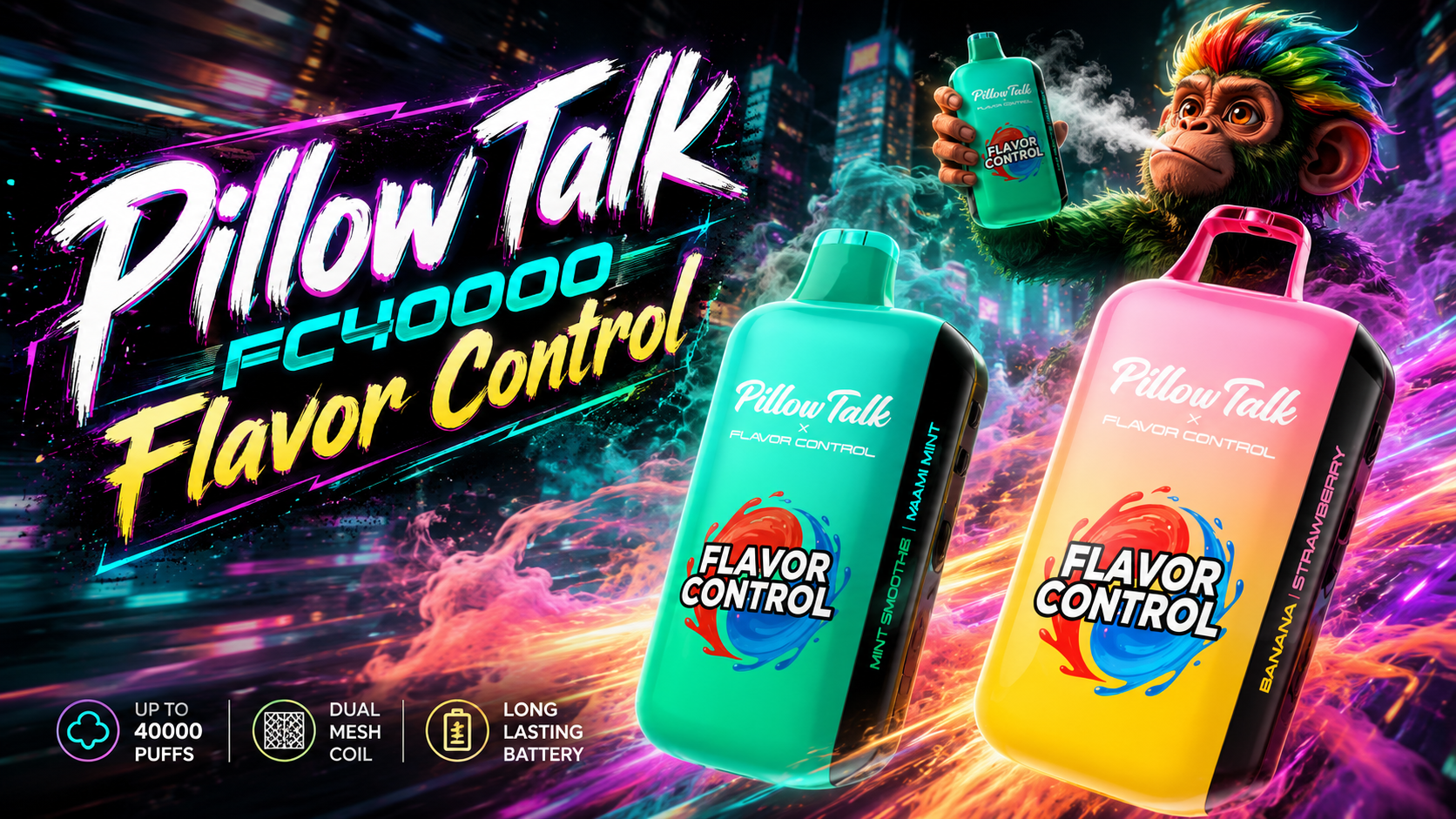 Yellow Banana Strawberry and pink Watermelon vape devices with Flavor Control branding in neon city setting