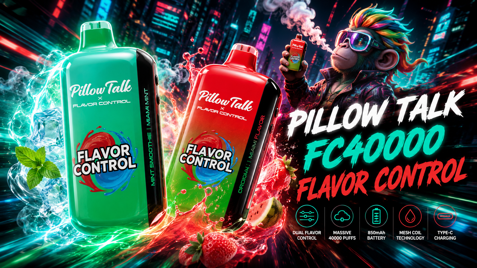 Green and red vape devices with Flavor Control branding in neon city backdrop