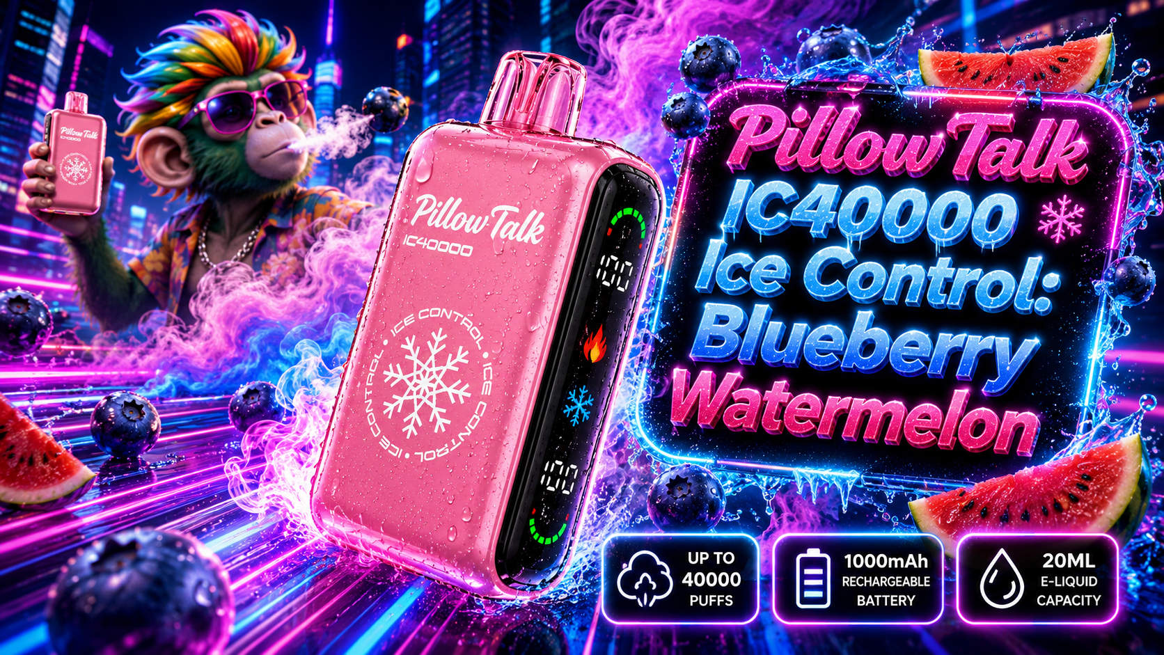 Pillow Talk IC40000 Ice Control Blueberry Watermelon Disposable Vape with Fresh Fruit Theme Pillow Talk IC40000 Ice Control Blueberry Watermelon disposable vape with blueberries, watermelon, colorful vapor, and icy effects.
