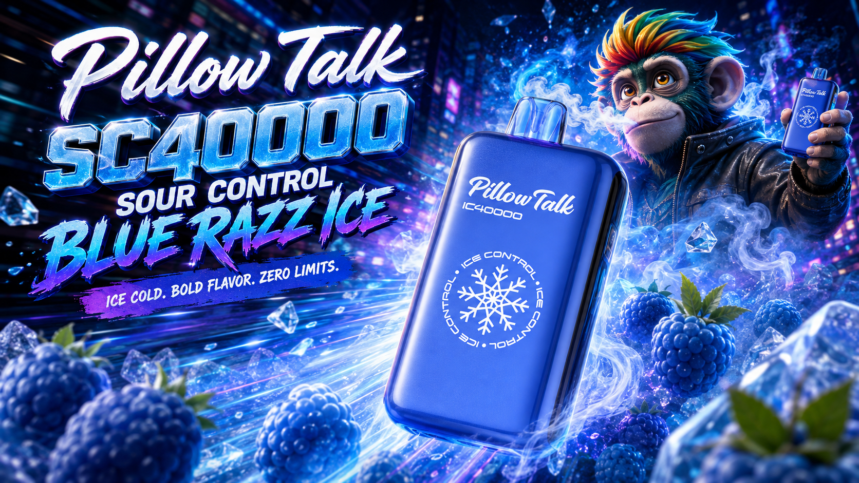 Blue Pillow Talk SC40000 device with ice and raspberries in neon background