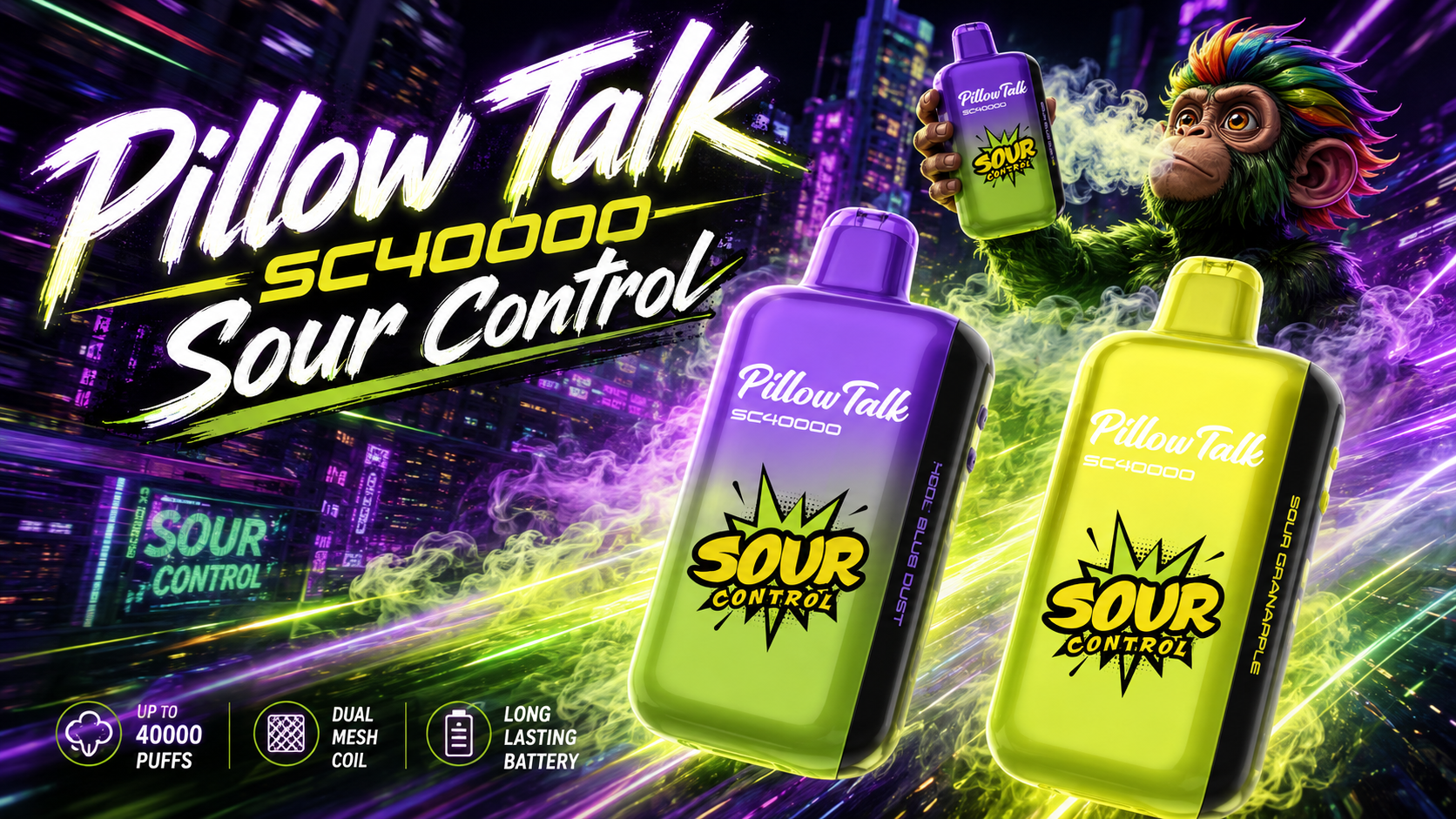 Pink and yellow vape devices with fruit flavors in neon city design