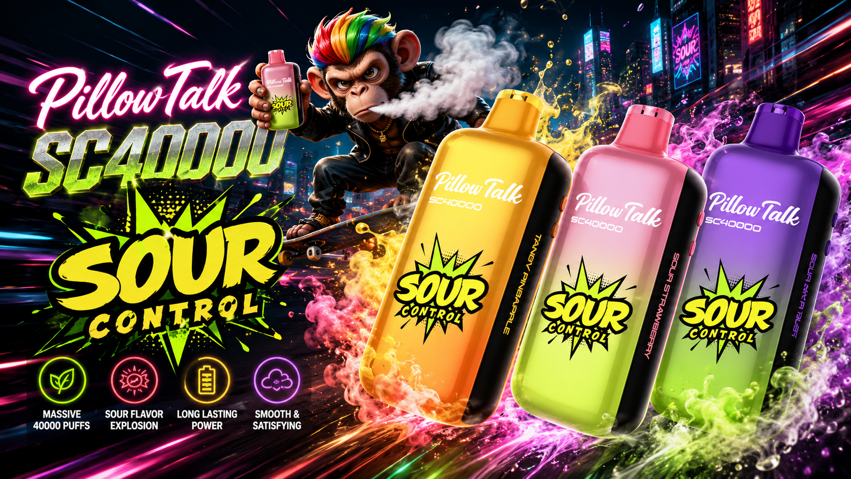 Colorful vape devices Pillow Talk SC40000 with Tangy Pineapple, Sour Strawberry, and Sour XXL Blue flavors