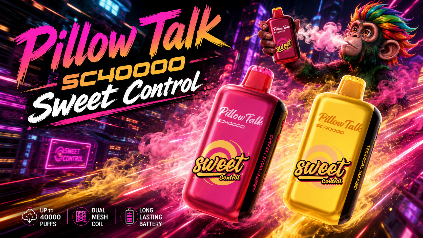Orange and red Pillow Talk SC40000 vape devices with Sweet Control branding