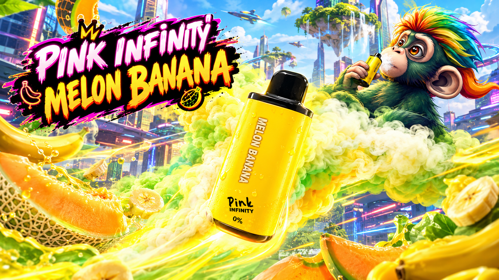 Yellow vape device labeled Melon Banana with fruit accents in a vibrant futuristic setting