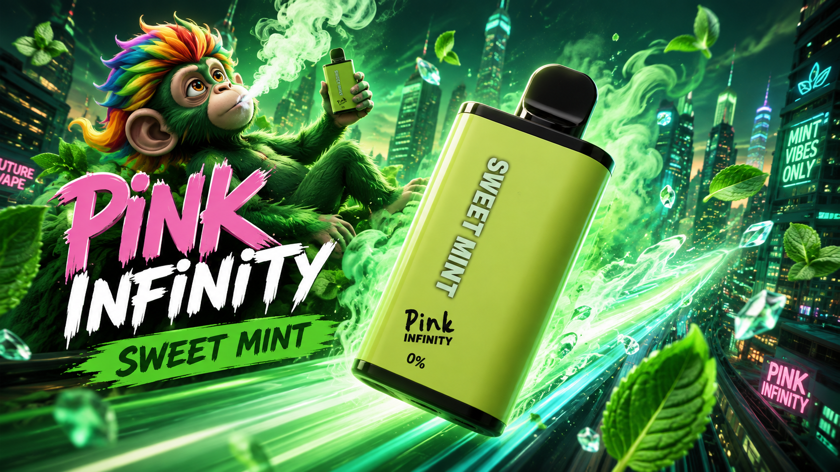 Bright green vape device labeled Sweet Mint with neon city and mint accents
