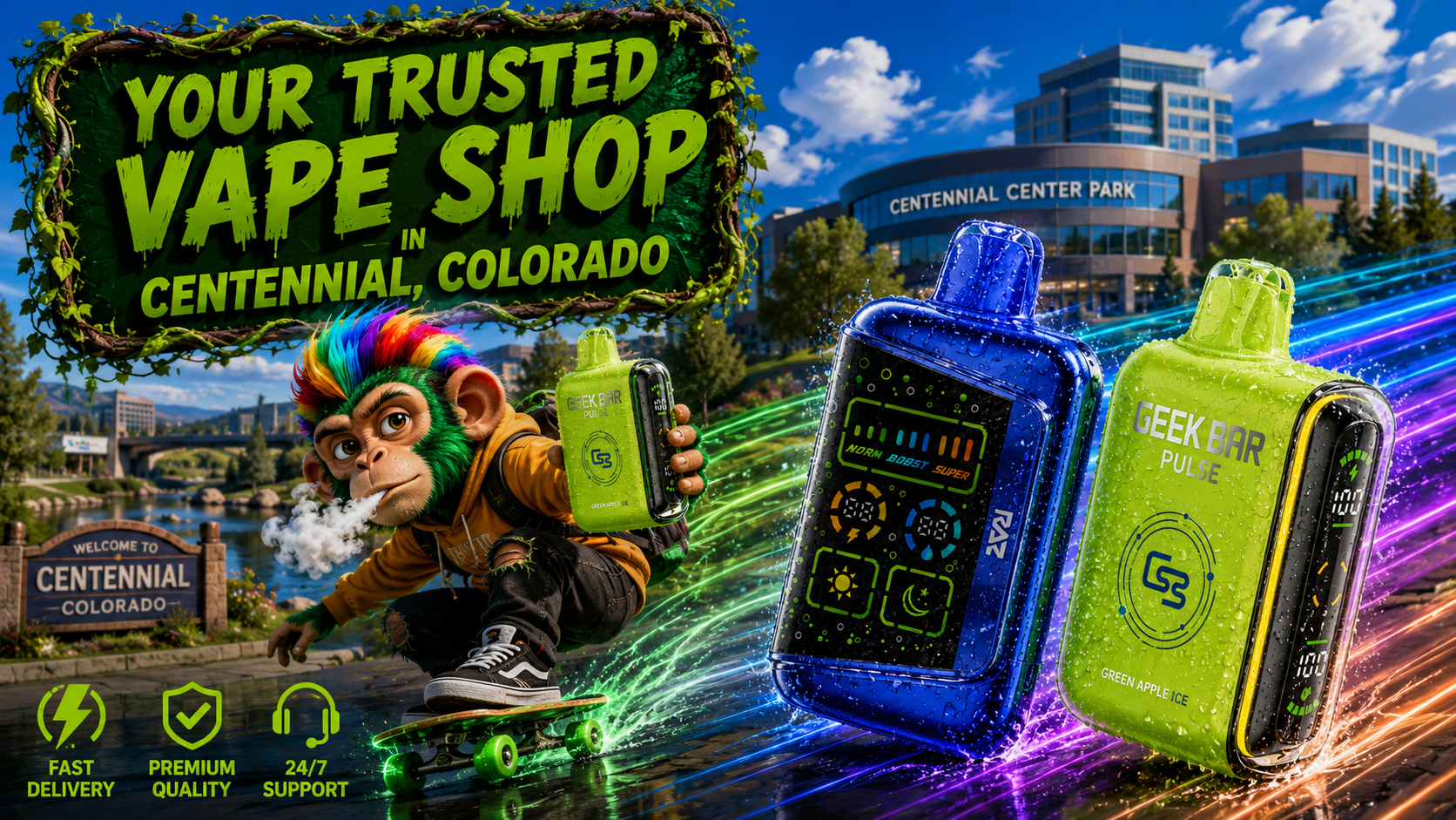 Modern Vape Devices with Neon Trails in Centennial, Colorado Blue and green vape devices with water droplets and glowing motion trails in a bright Centennial city setting.