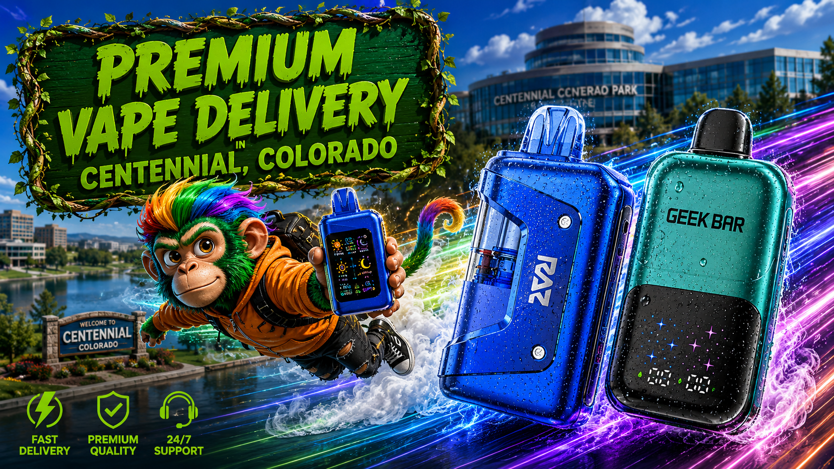 Sleek Vape Devices with Dynamic Light Effects in Centennial, Colorado Blue and teal vape devices with digital displays, water drops, and vivid light trails across a Centennial city scene.