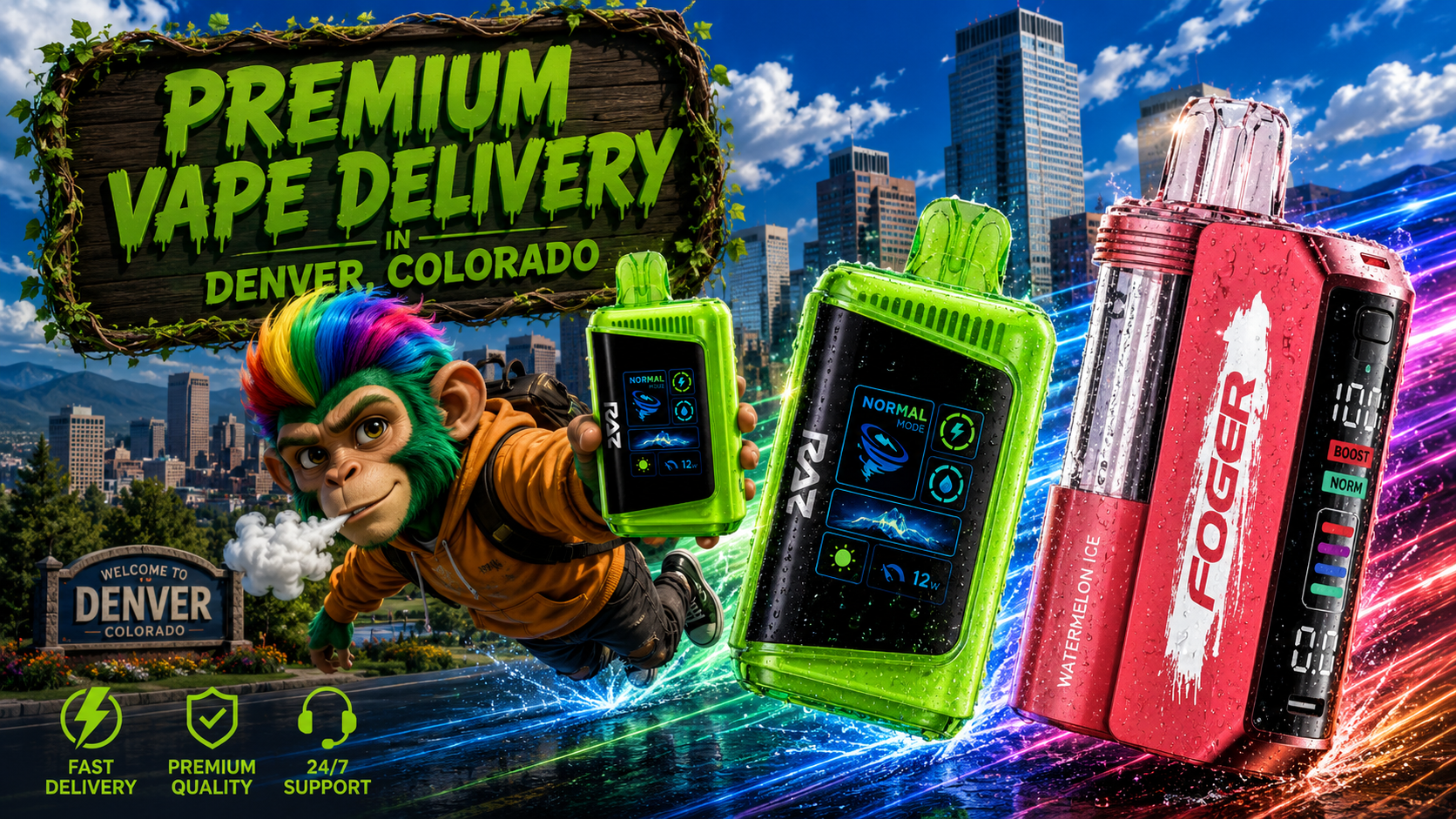 Bright Vape Devices with Digital Displays in Downtown Denver, Colorado Lime and coral vape devices with digital screens, water droplets, and glowing trails across a sunny Denver skyline.
