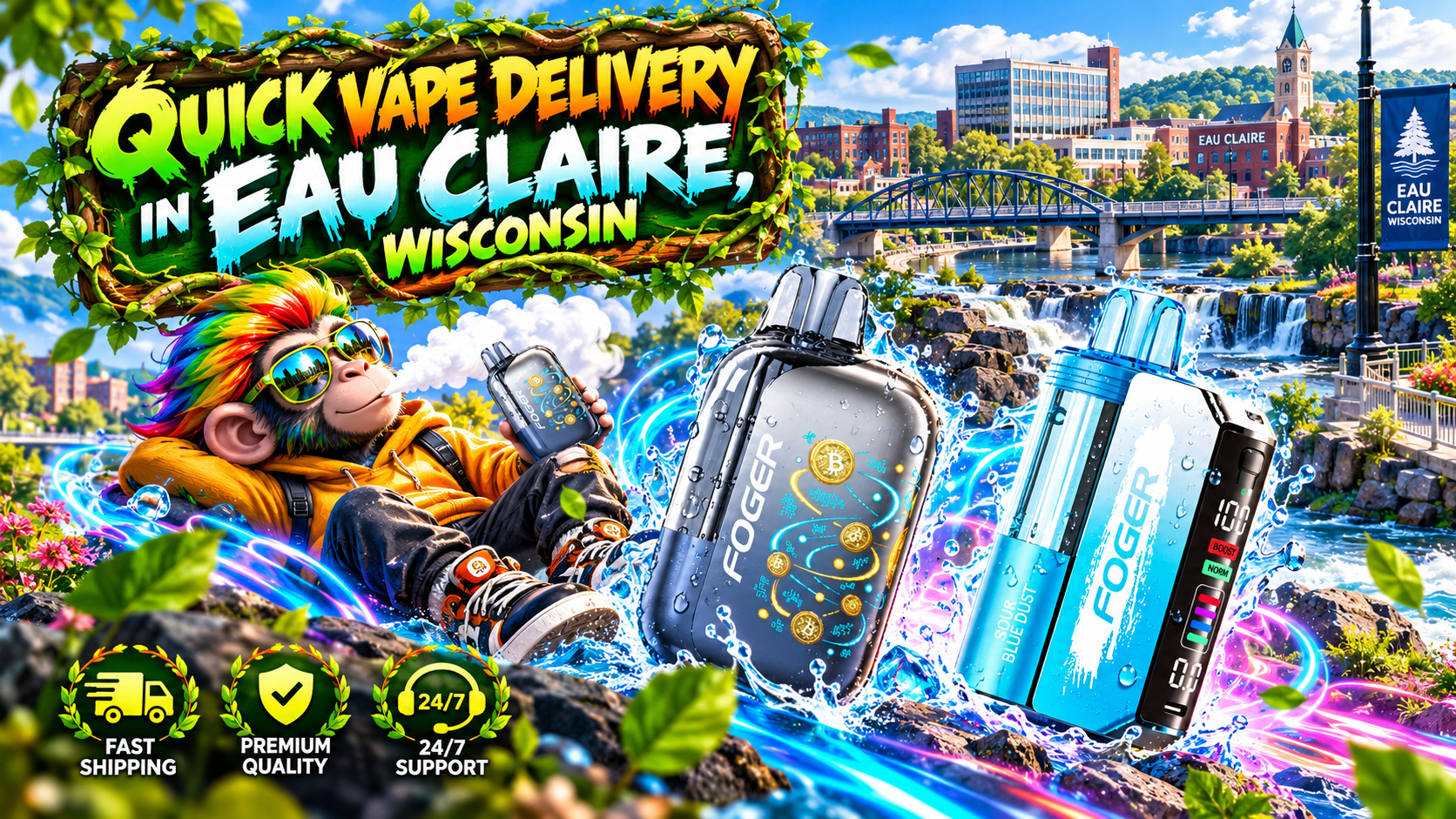Dynamic delivery scene with two modern devices, water splashes, bright trails, and Eau Claire city scenery.
