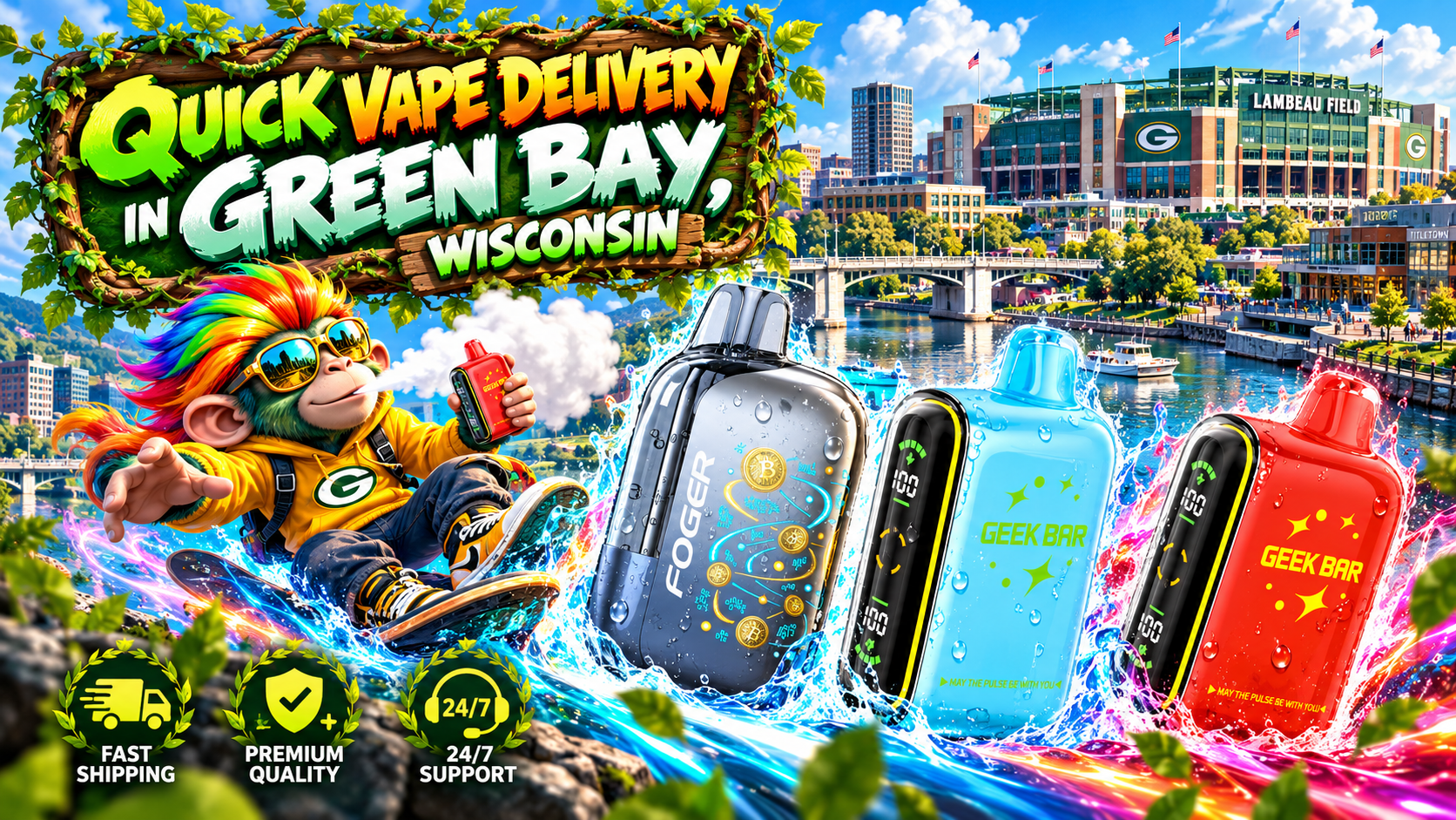 Vibrant Green Bay scene with colorful devices, water splashes, energy trails, and recognizable city landmarks.