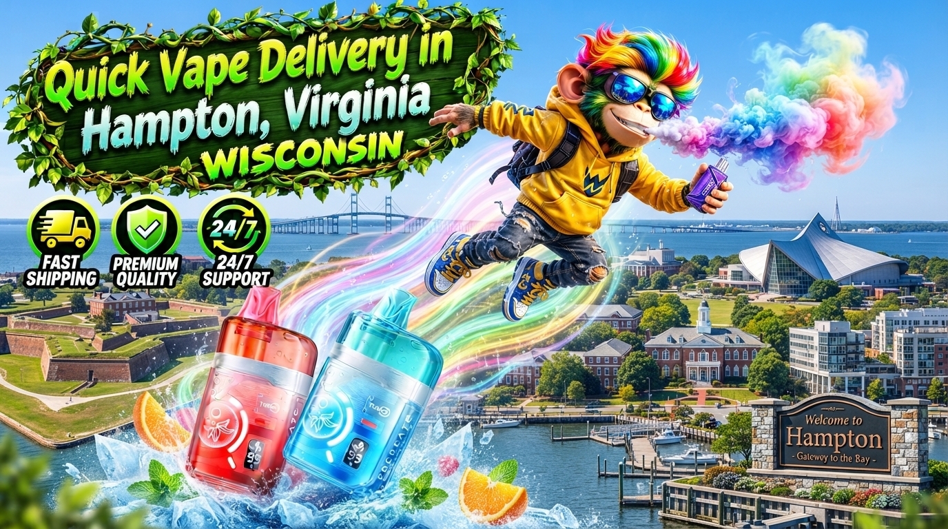Colorful devices with water effects and glowing trails above a scenic Hampton waterfront and city landmarks.