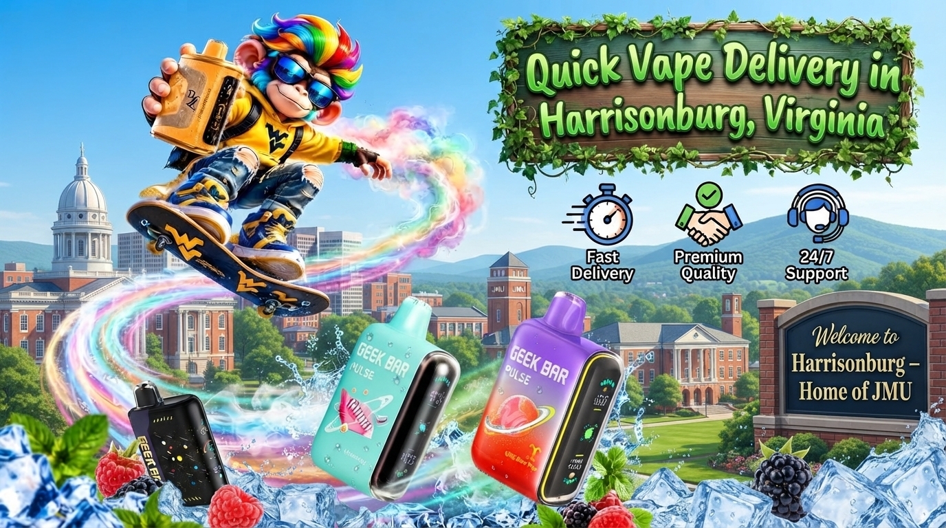 Colorful devices with water splashes and glowing trails against a scenic Harrisonburg city and mountain backdrop.