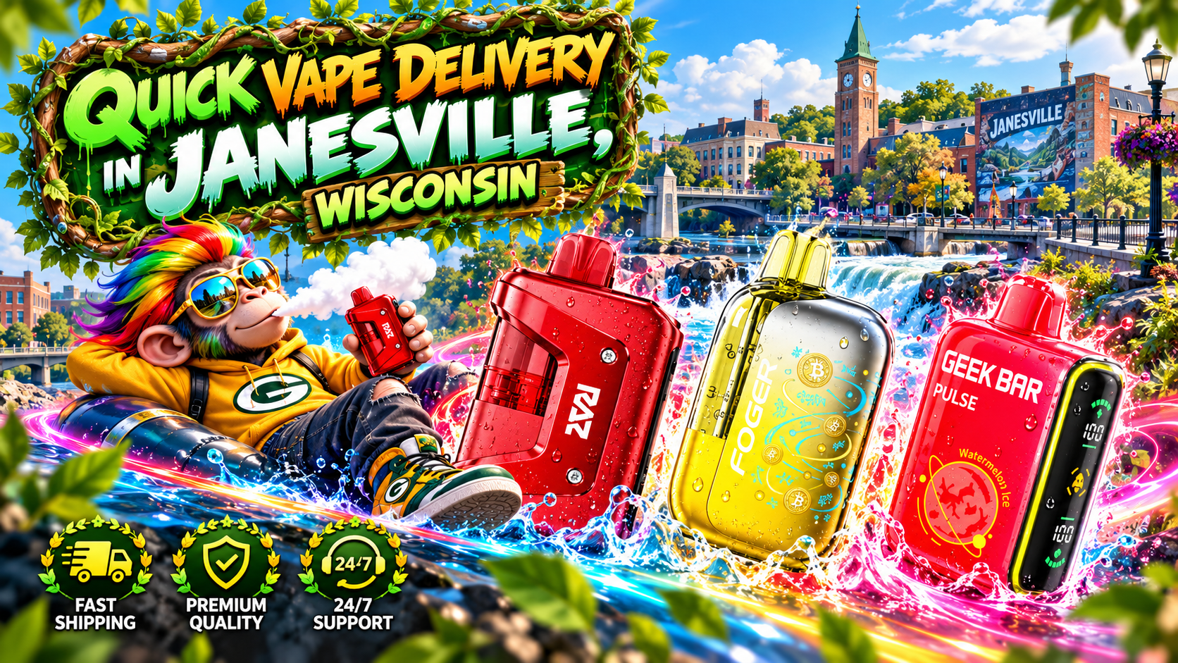 Colorful devices with water splashes and glowing trails set against a bright Janesville cityscape.