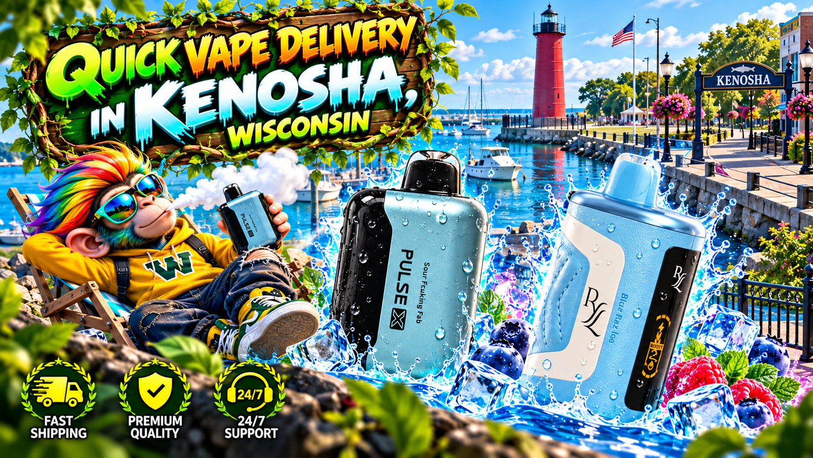 Quick Delivery in Kenosha, Wisconsin with Sleek Devices Waterfront scene with sleek devices, water splashes, bright energy effects, and Kenosha landmarks.