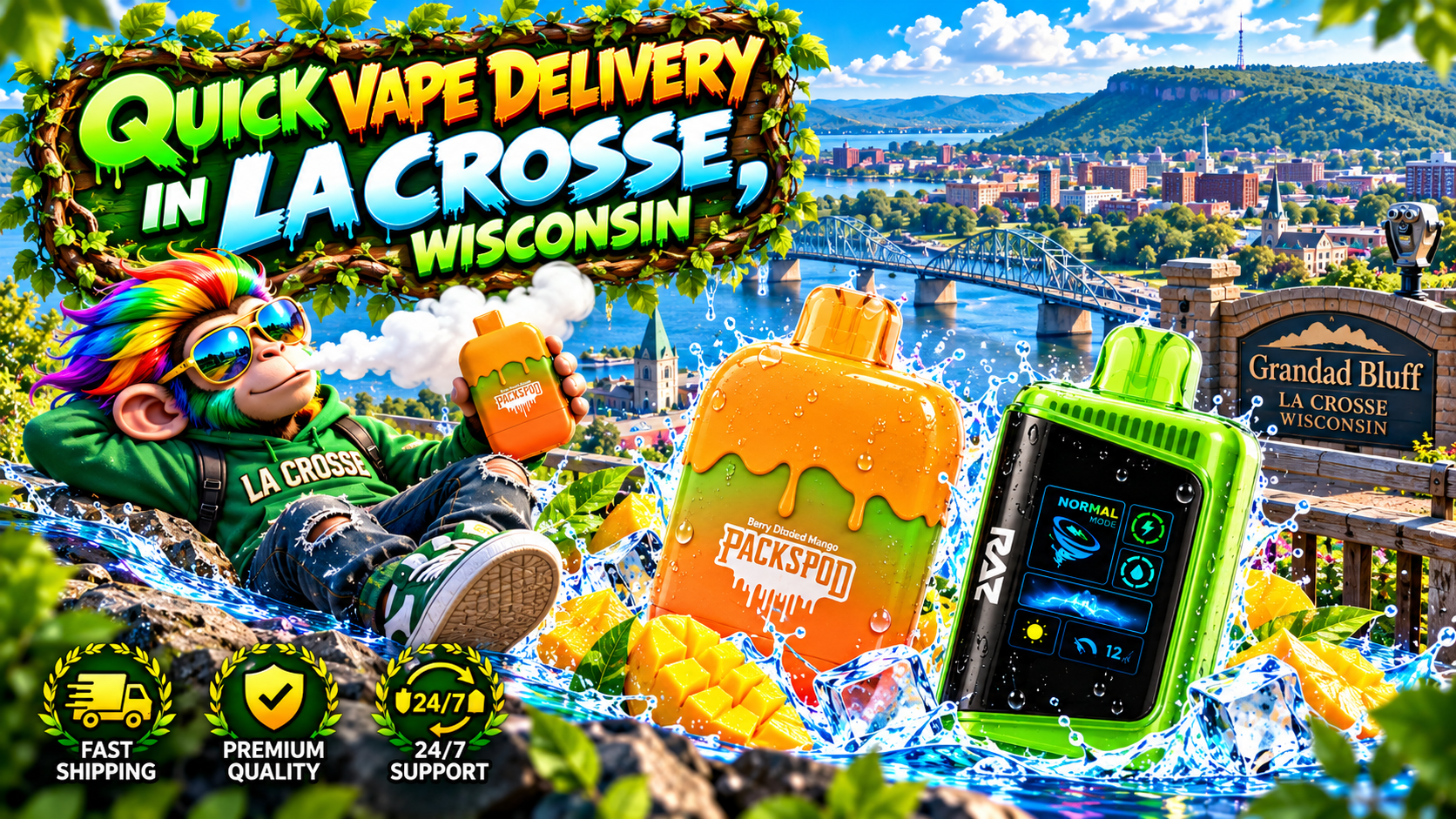 Quick Delivery in La Crosse, Wisconsin with Vibrant Devices Vibrant devices with water splashes and glowing effects set against the scenic La Crosse riverfront.