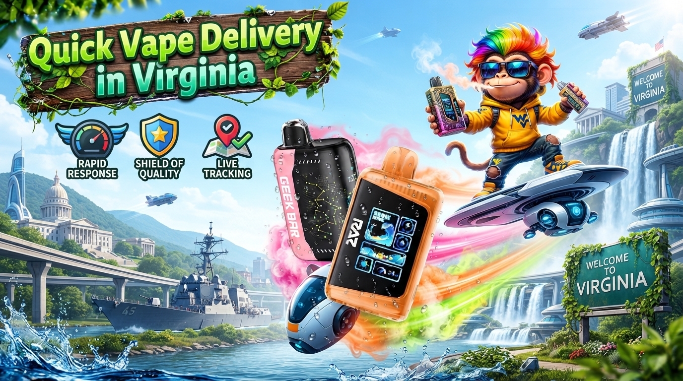 Quick Delivery in Virginia with Modern Devices and Futuristic City Views Futuristic Virginia scene with colorful devices, water effects, bright trails, and dynamic city scenery.