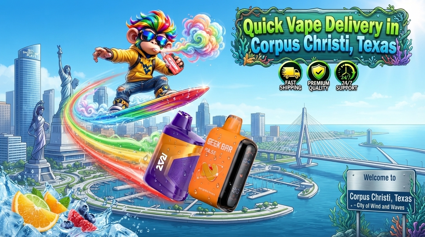 Colorful devices soar above a futuristic Corpus Christi waterfront with bright trails, ice, and citrus accents.