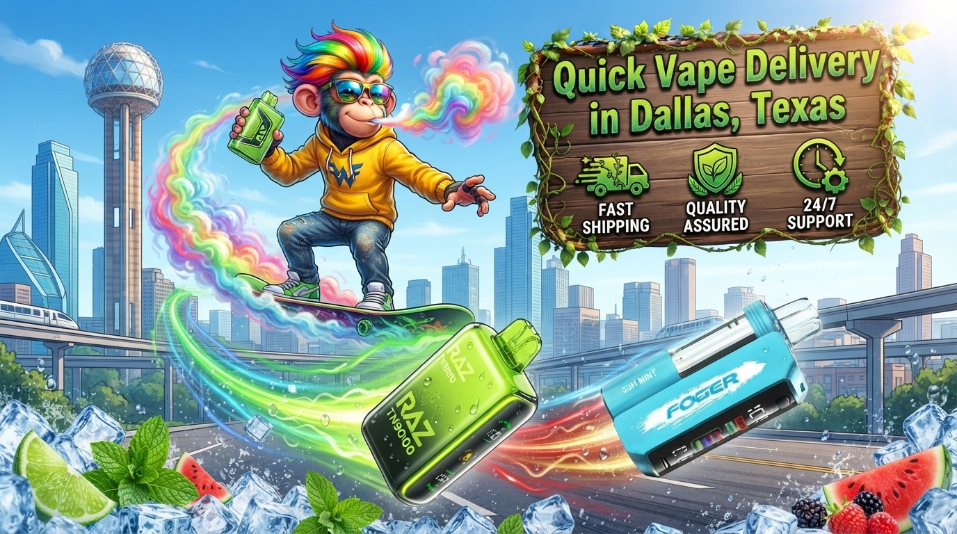 Quick Device Delivery in Dallas, Texas Two colorful devices race through a bright Dallas skyline with icy details, vivid energy trails, and a dynamic city scene.