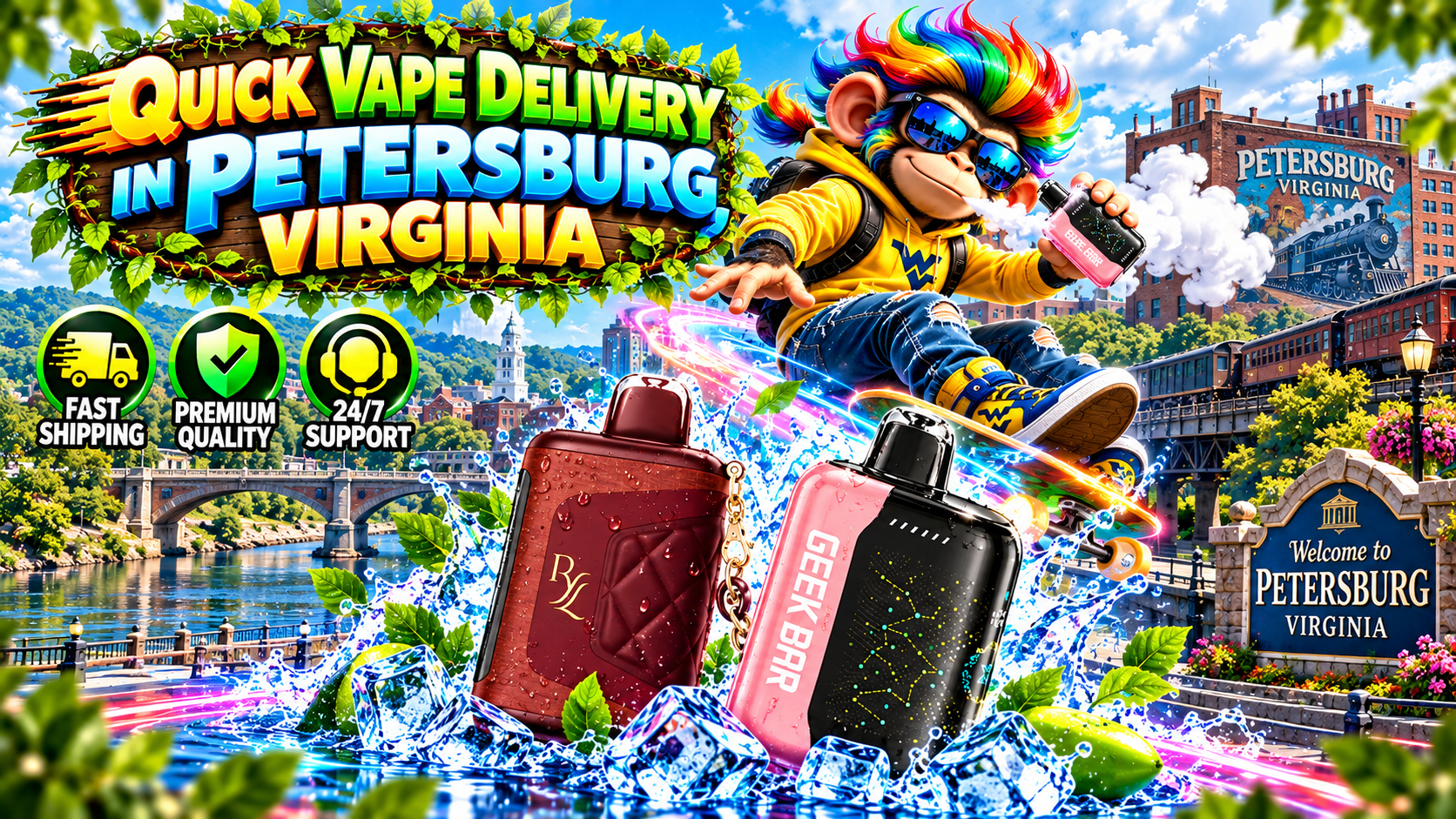 Bright Petersburg city scene with modern devices, water splashes, ice effects, and colorful energy trails.