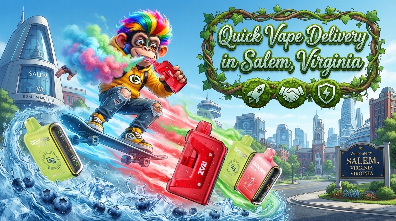 Dynamic Salem city scene with colorful devices, water splashes, icy details, and a skateboard rider.