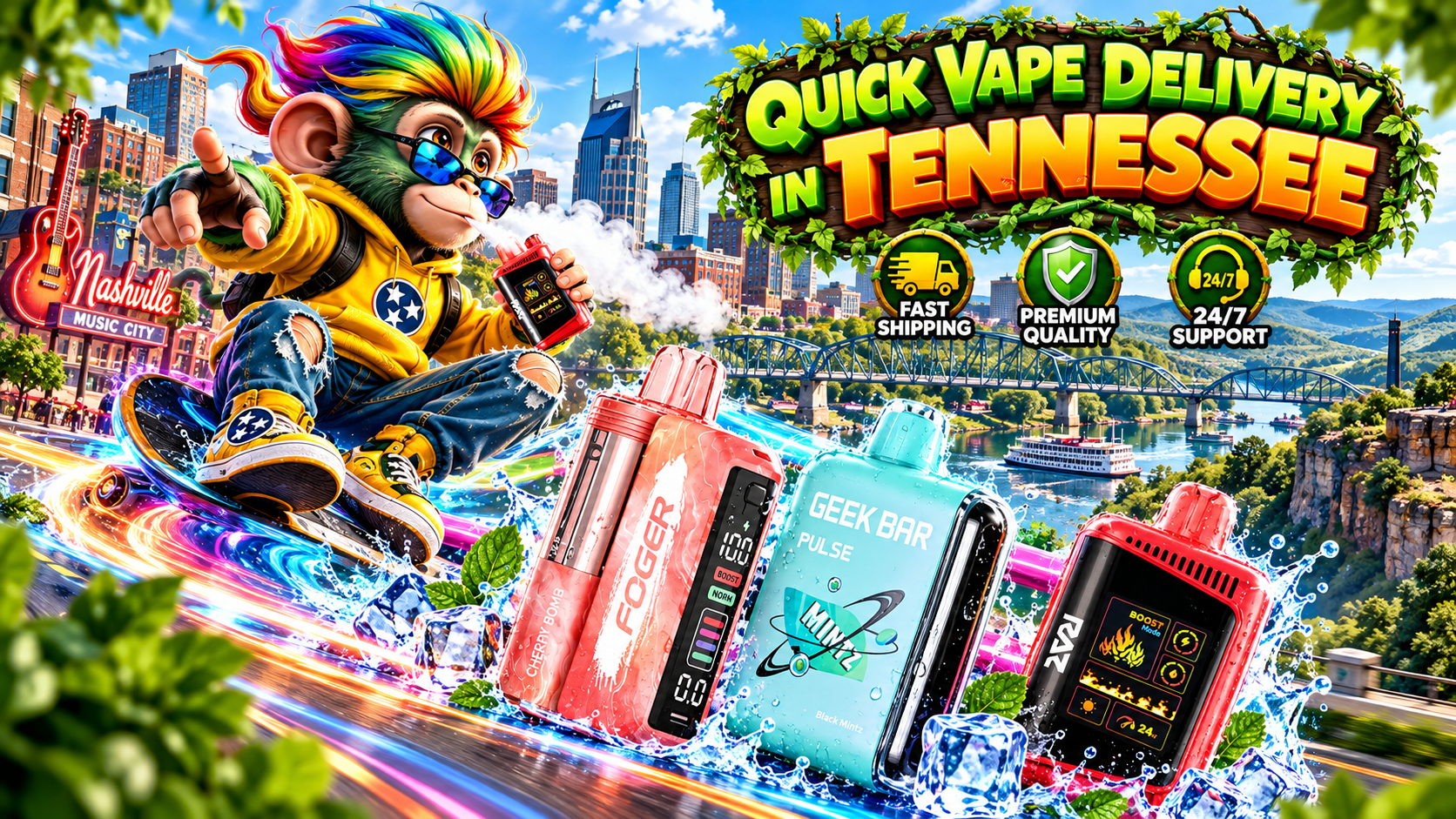 Colorful vape delivery banner with multiple devices, water effects, a lively character, and Tennessee scenery.