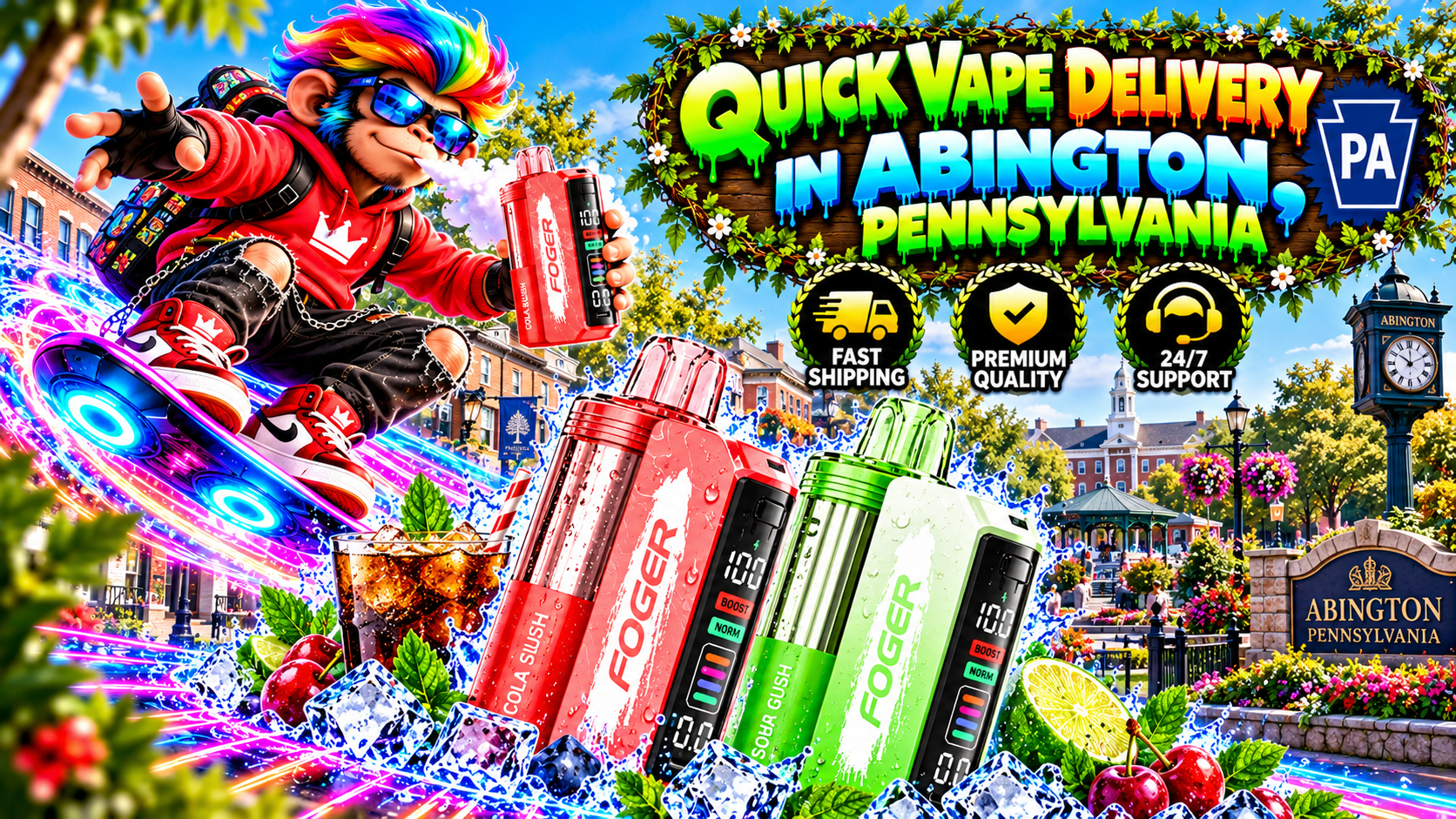 Red and green vape devices with water droplets, ice, fruit accents, and neon effects in a sunny Abington townscape.