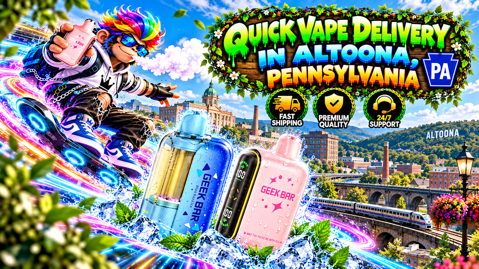 Quick Vape Delivery in Altoona, PA – Colorful Devices, Neon Effects and City Landmarks Blue and pink vape devices with water droplets, glowing neon trails, and a colorful character above Altoona, Pennsylvania.