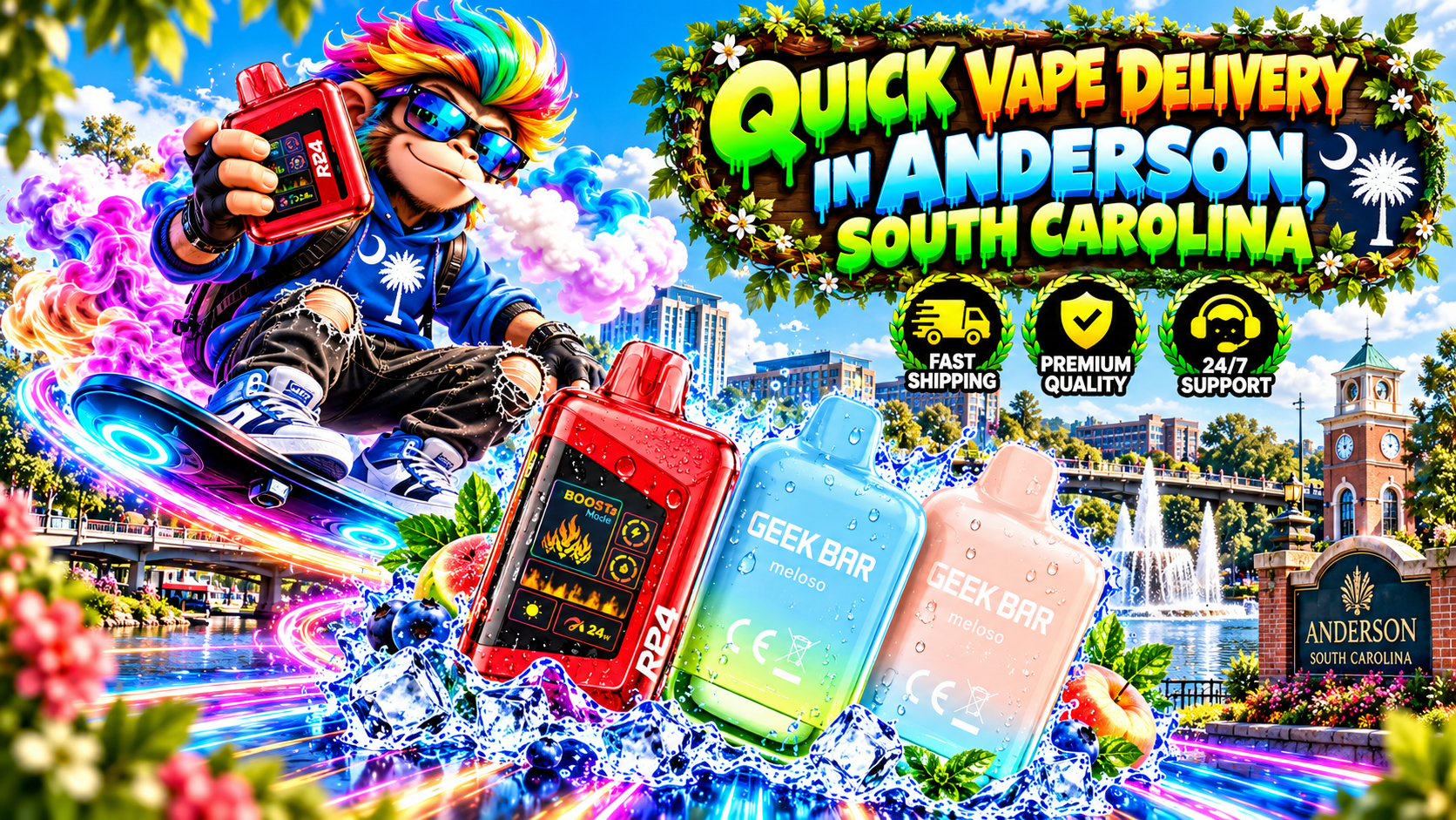 Colorful delivery scene in Anderson with multiple devices, water splashes, ice effects, and city landmarks.