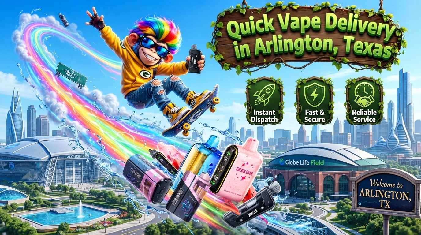Quick Vape Delivery in Arlington, Texas Cityscape Colorful vape devices race through an Arlington cityscape with water effects, bright trails, and a skateboarding character.