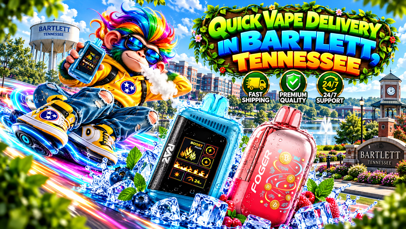 Quick Vape Delivery in Bartlett, Tennessee with Modern Devices Colorful delivery scene with modern devices, water splashes, ice accents, and a bright Bartlett city backdrop.