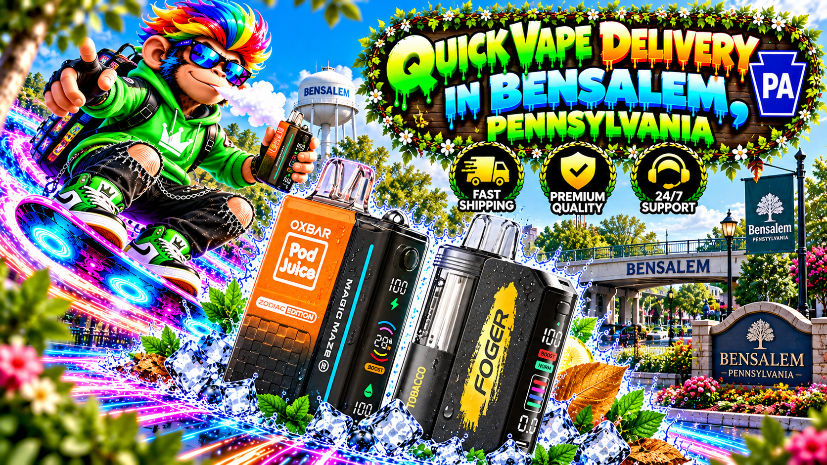 Orange and black vape devices with water droplets, ice, and neon trails against a sunny Bensalem, Pennsylvania backdrop.