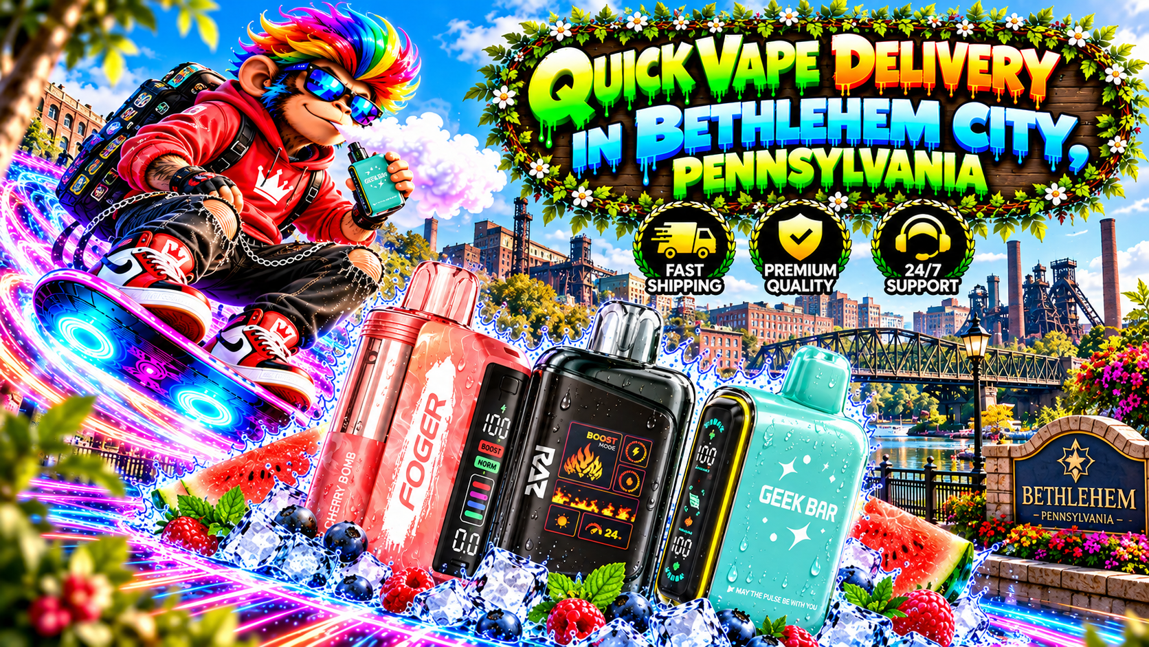 Quick Vape Delivery in Bethlehem City, Pennsylvania with Modern Devices Colorful vape devices with water droplets, ice, berries, and neon trails against Bethlehem, Pennsylvania landmarks.