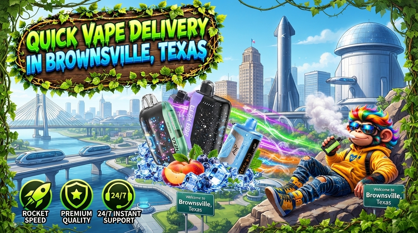 Quick Vape Delivery in Brownsville, Texas With Futuristic City View Colorful vape devices with water splashes and glowing trails set against a futuristic Brownsville cityscape.