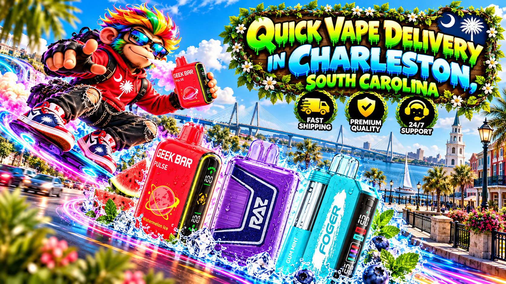 Colorful vape devices with water droplets, ice effects, neon trails, and a sunny Charleston waterfront backdrop.