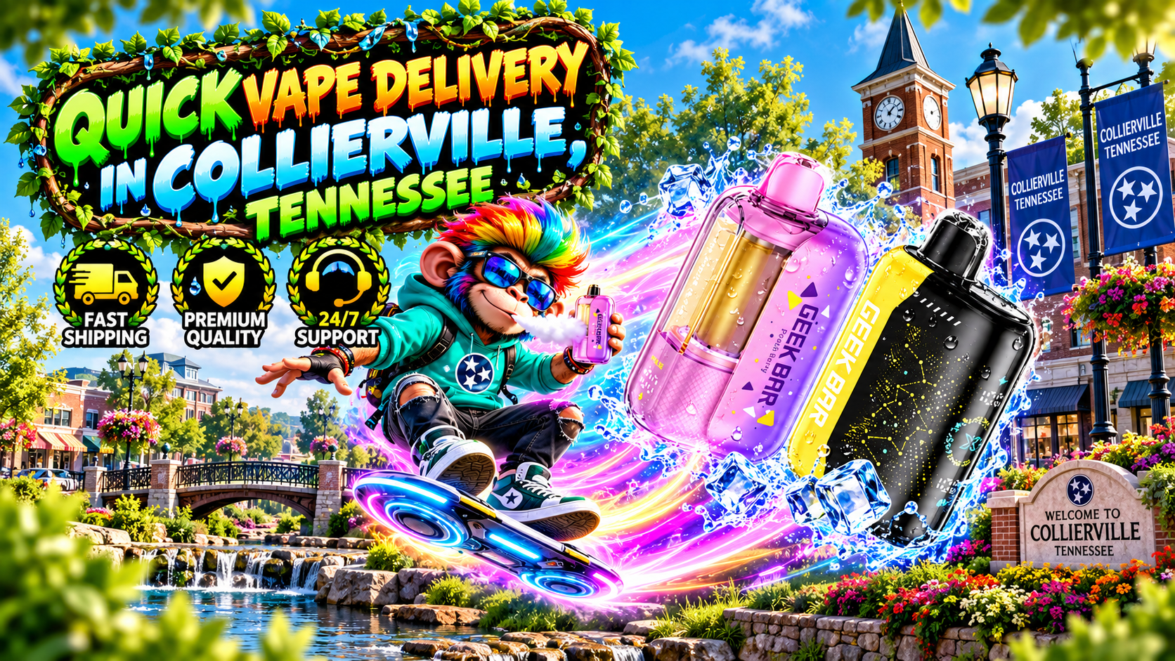Colorful Collierville delivery scene with sleek devices, water splashes, neon trails, and scenic town landmarks.