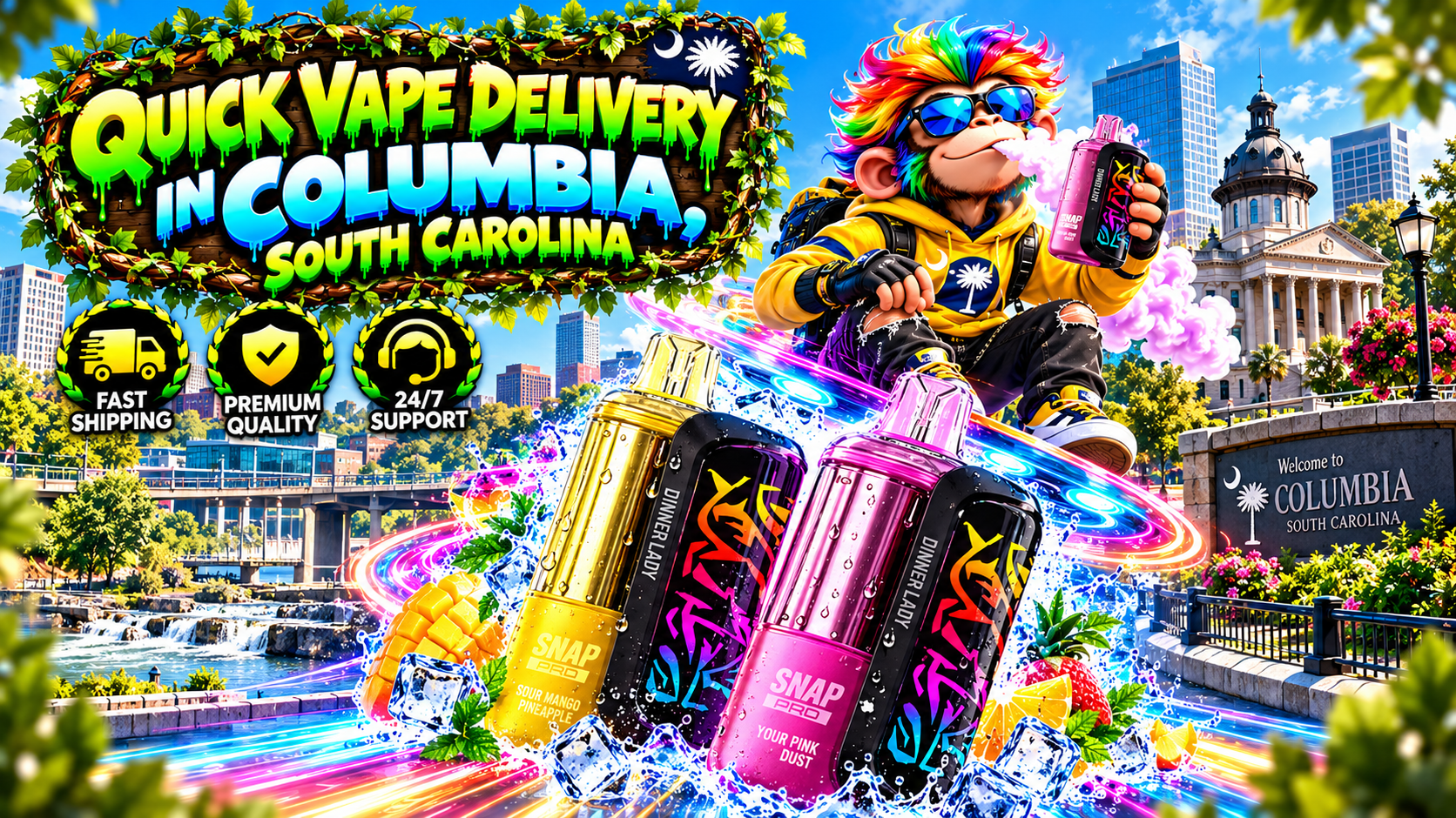 Colorful vape delivery scene in Columbia with water droplets, city landmarks, speed effects, and service icons.