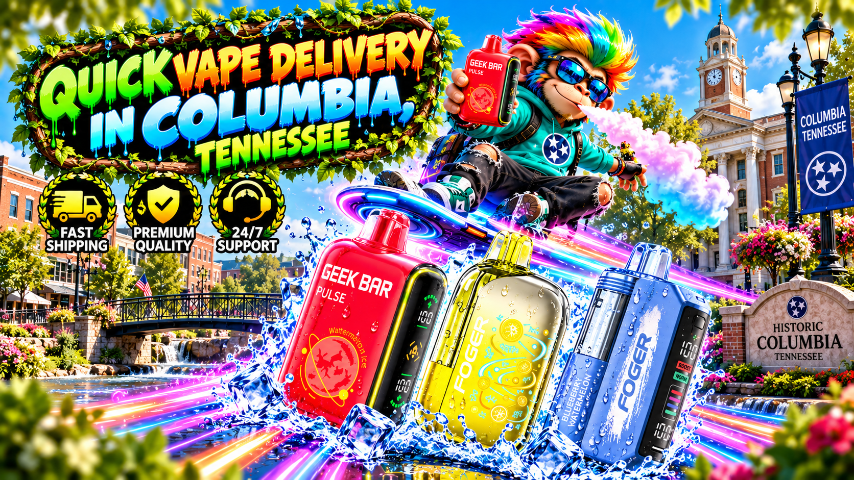 Quick Vape Delivery in Columbia with Colorful Devices and Tennessee City Views Vibrant Columbia delivery scene with colorful devices, water splashes, neon trails, and historic city scenery.