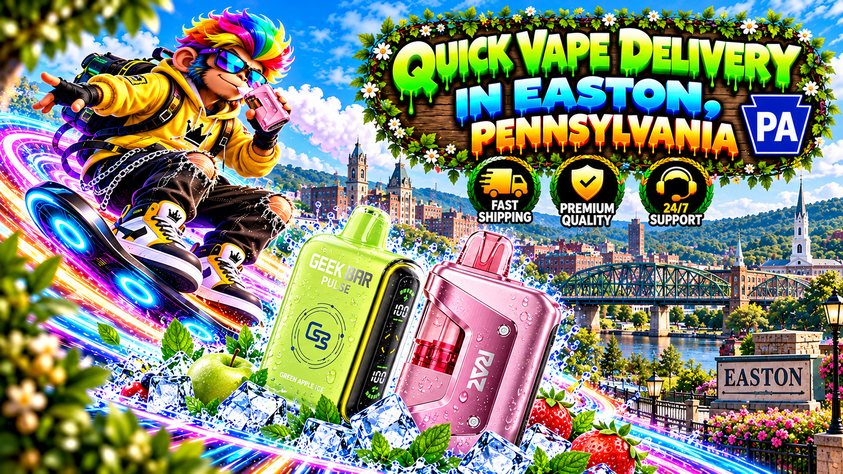 Lime green and pink vape devices with icy splashes, neon trails, and a rainbow-haired character in Easton, Pennsylvania.