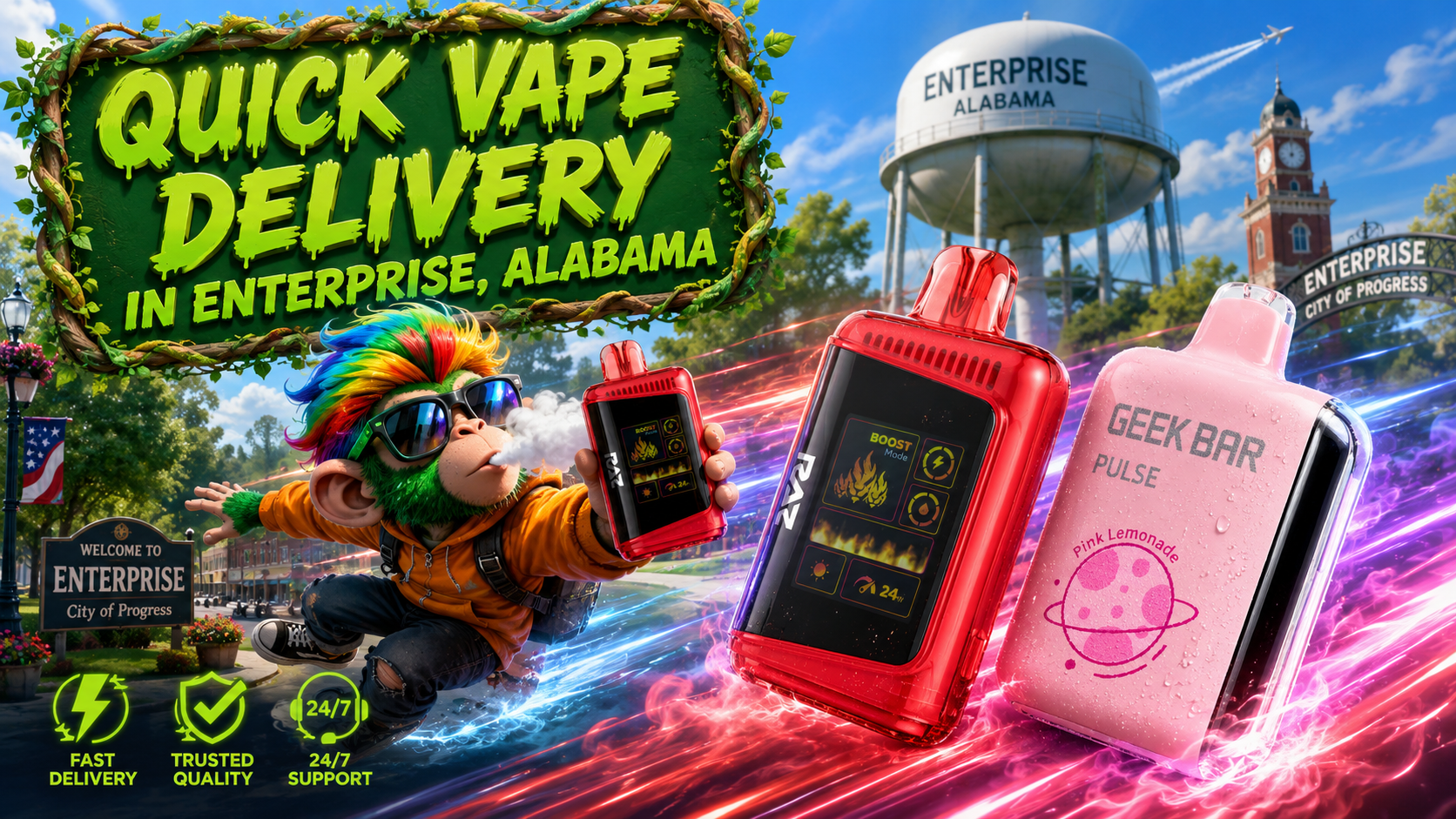 Rechargeable Devices with Fast Delivery in Enterprise Two rechargeable devices with colorful light trails and an Enterprise city backdrop promoting fast delivery service.