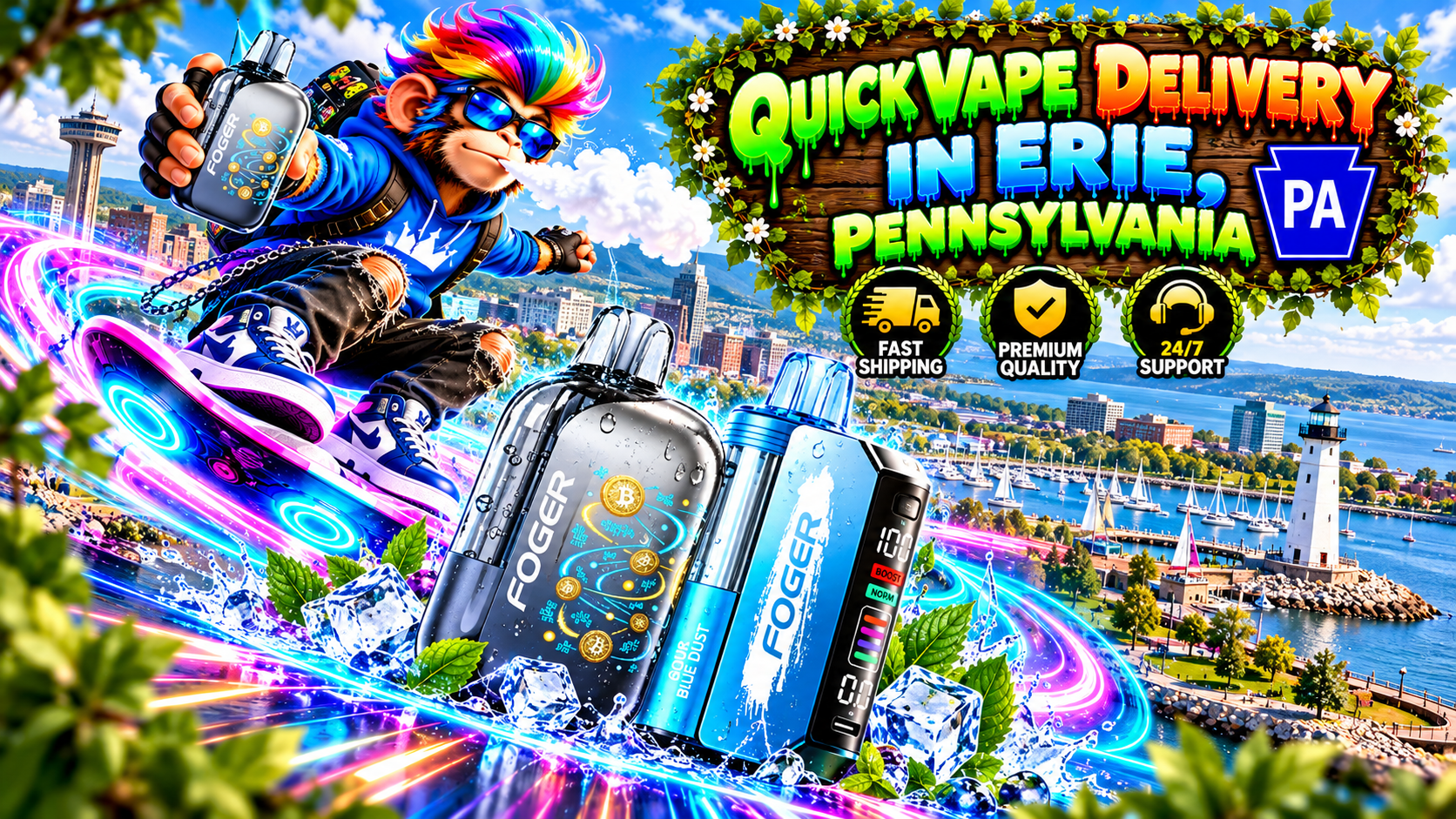 Silver and blue vape devices with water droplets, ice cubes, and neon trails overlooking Erie's scenic waterfront.