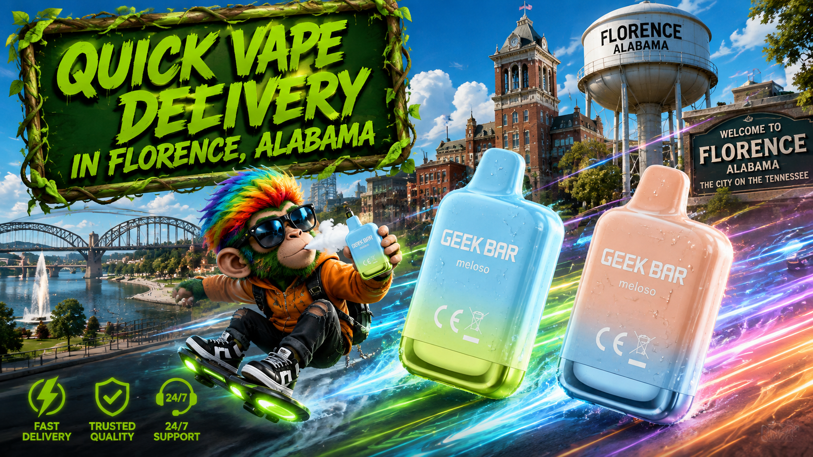 Pastel Rechargeable Devices with Fast Delivery Two pastel rechargeable devices with colorful light trails and a Florence city backdrop promoting fast delivery service.